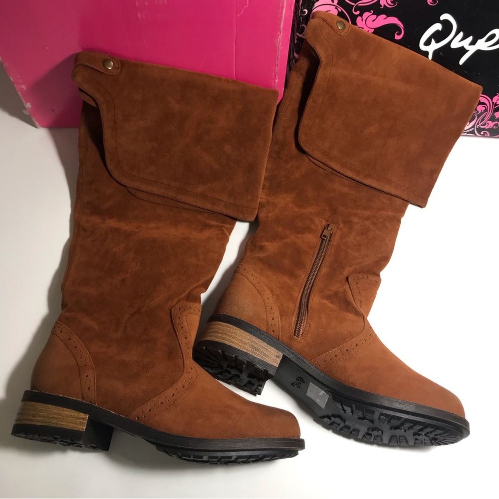 Qupid Rust Brown Vegan Suede Knee High Flat Bottom Boots Size 6 NIB - Picture 13 of 14